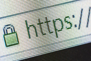 Close up of an green lock and https on browser address bar.