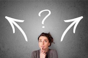 Woman making a decision with arrows and question mark above her head.