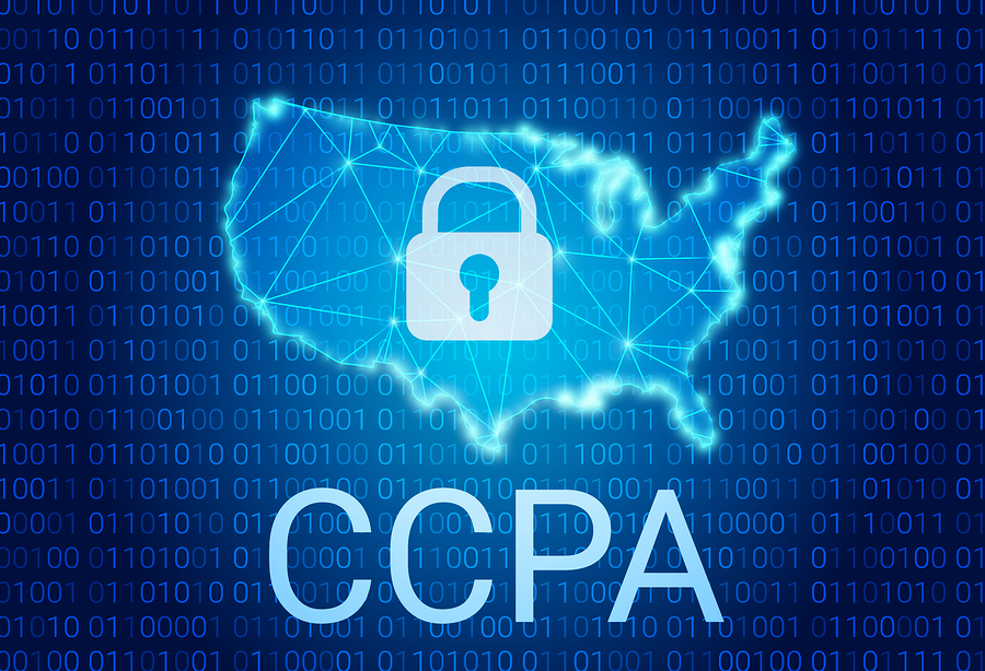Silhouette of Lock over United States Map signifying new California Consumer Privacy Act with Vector Background