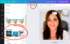 Screen capture of user's Canva window with picture of woman on the design and Smartmockup options appearing in the Elements tab. 