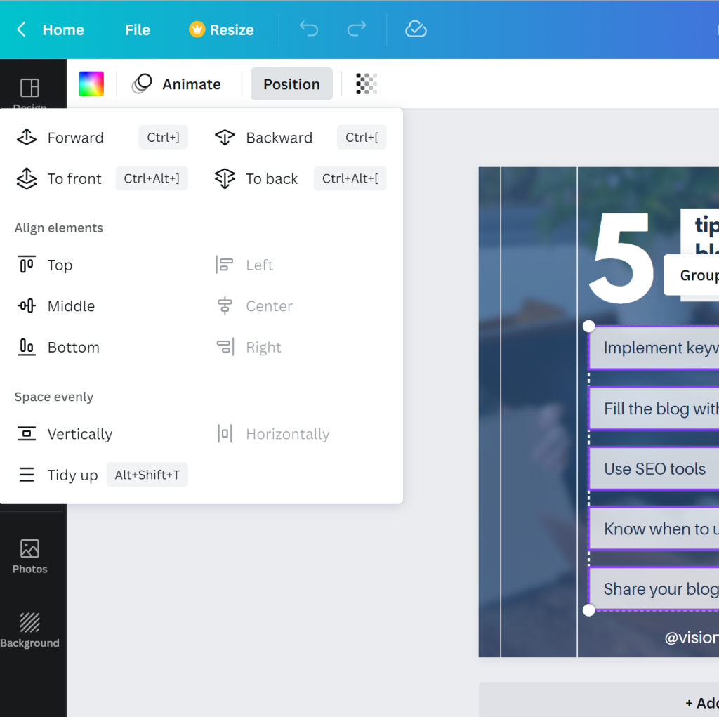 Screen capture of user's Canva window displaying the Tidy Up feature.