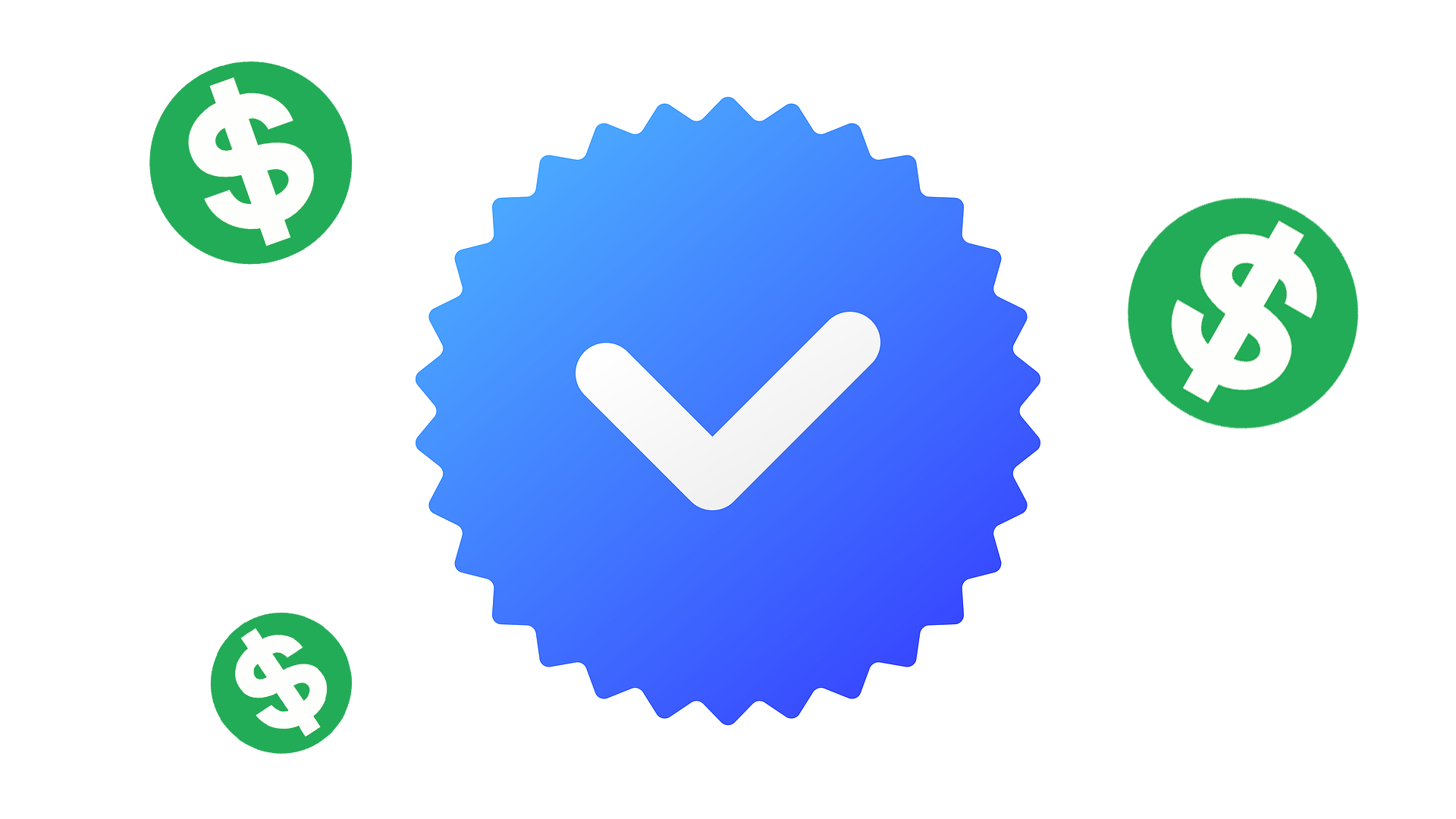 Blue verification checkmark with green dollar signs around it.