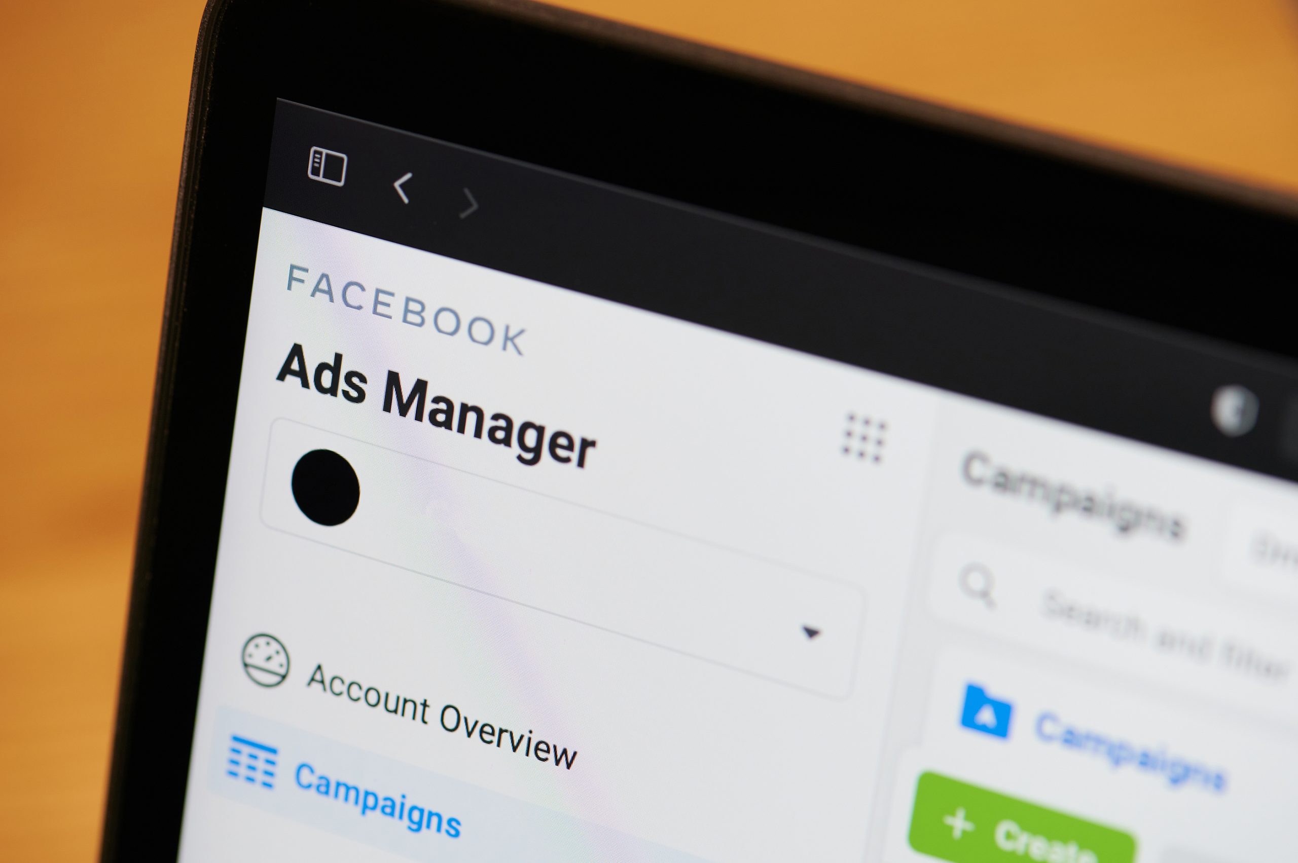 Laptop screen display Facebook Ads Manager