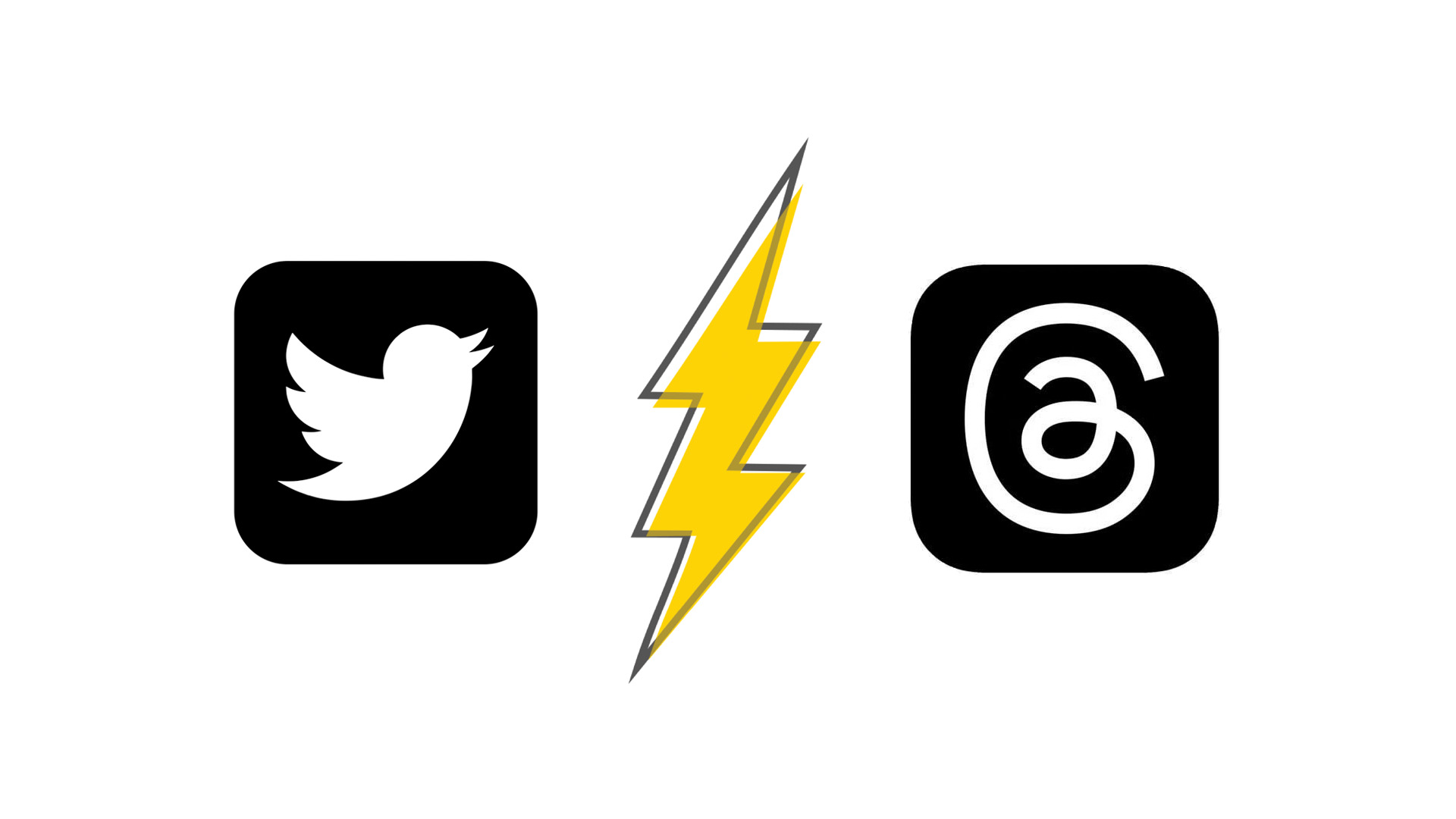 Twitter logo and Threads logo separated by a lightning bolt.